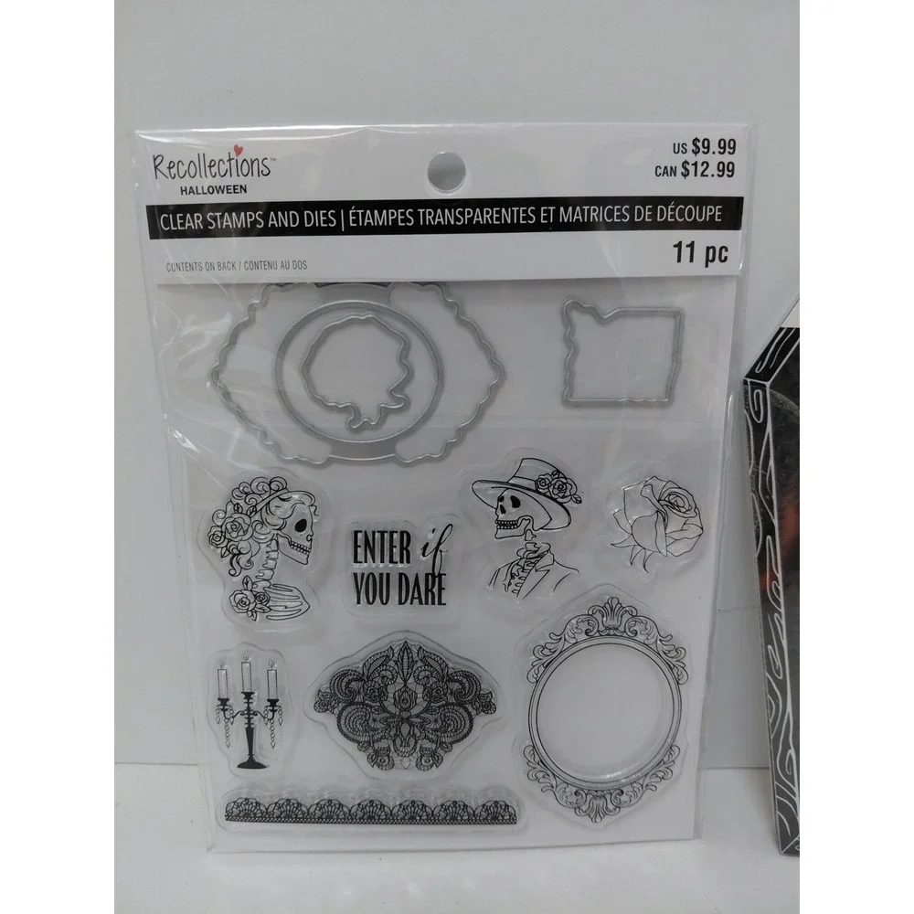 SET of 2 Halloween Stationary Paper Pad Skeleton 24‎ sheets Clear Stamps 11 pc